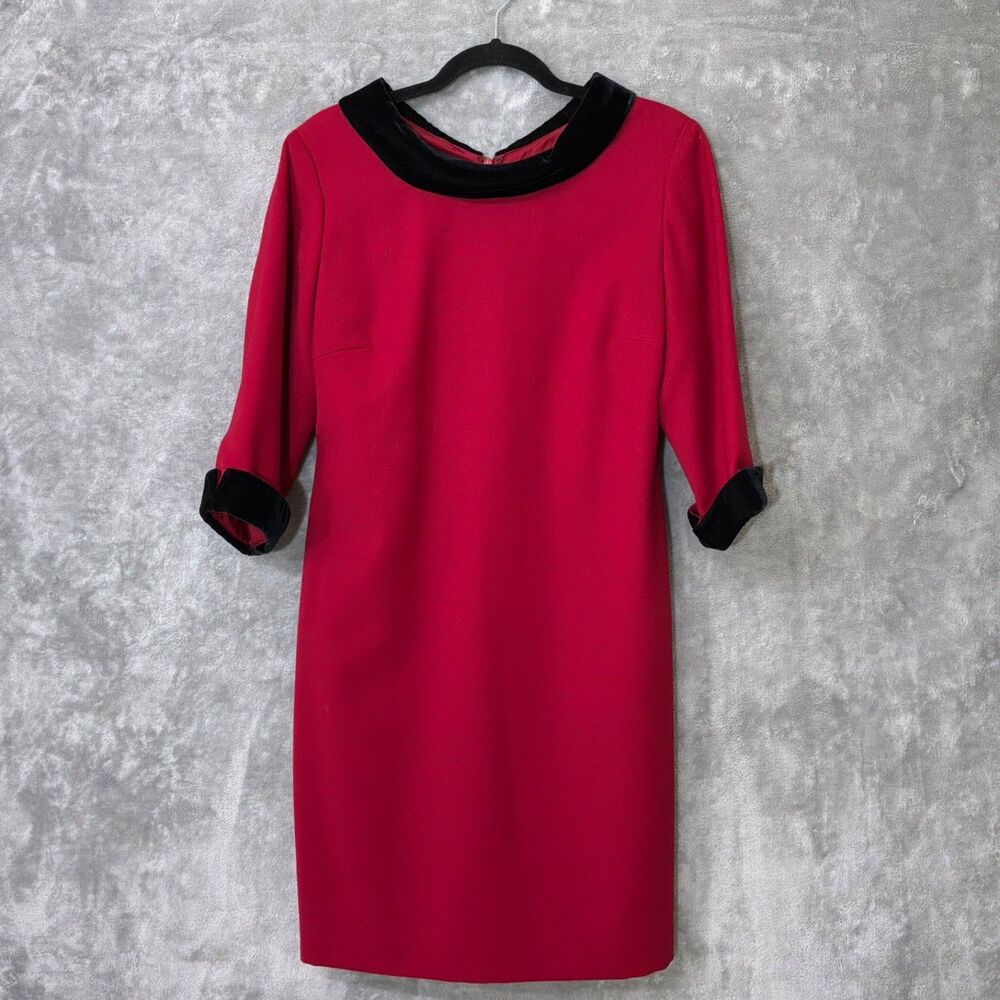 Vintage Talbots Dress Womens 12P Red Black Wool Velvet Velour Trim Casual Career